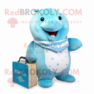 Sky Blue Stellar'S Sea Cow mascot costume character dressed with a Shorts and Wallets