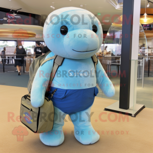 Sky Blue Stellar'S Sea Cow mascot costume character dressed with a Shorts and Wallets