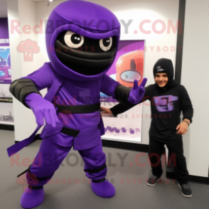 Purple Ninja mascot costume character dressed with a Oxford Shirt and Rings