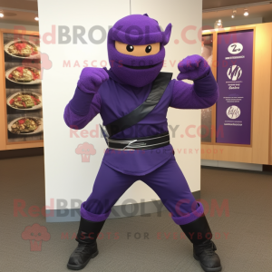 Purple Ninja mascot costume character dressed with a Oxford Shirt and Rings