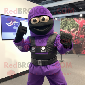 Purple Ninja mascot costume character dressed with a Oxford Shirt and Rings