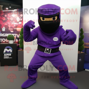 Purple Ninja mascot costume character dressed with a Oxford Shirt and Rings