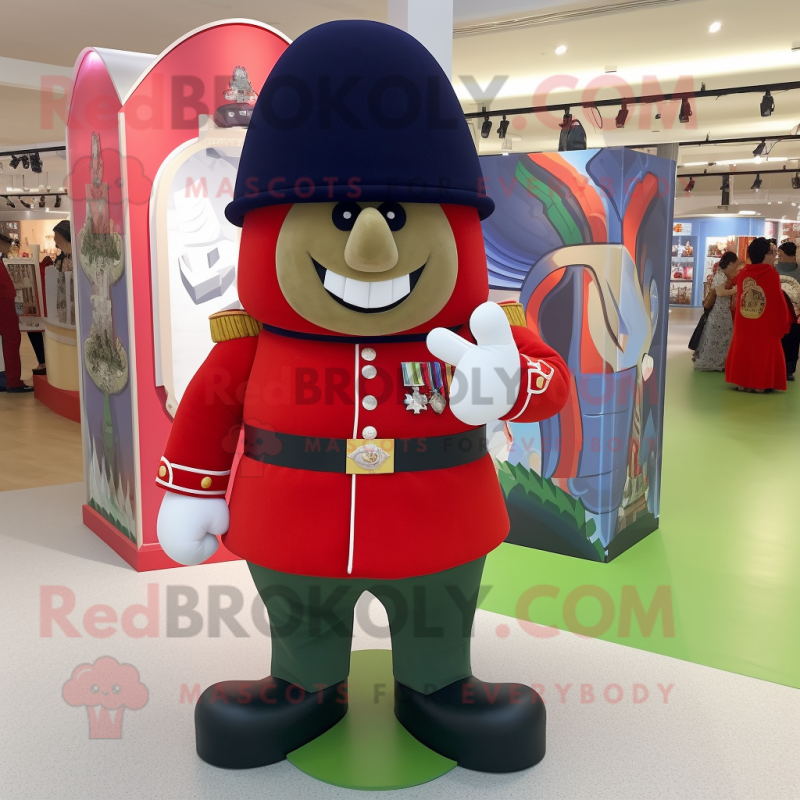 Olive British Royal Guard mascot costume character dressed with a Mini Skirt and Shoe laces