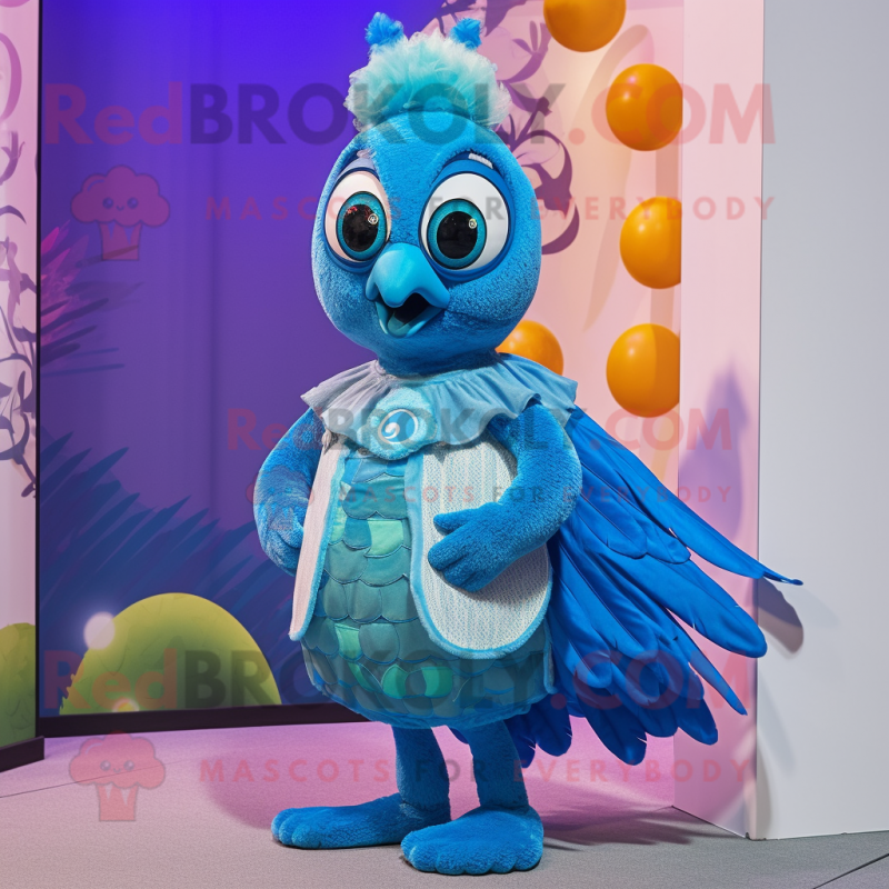 Sky Blue Peacock mascot costume character dressed with a Vest and Foot pads Sky Blue Peacock mascot costume character dressed with a Vest and Foot pads