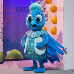 Sky Blue Peacock mascot costume character dressed with a Vest and Foot pads