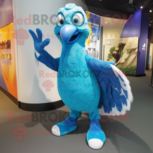 Sky Blue Peacock mascot costume character dressed with a Vest and Foot pads