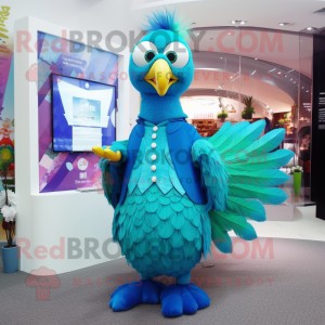 Sky Blue Peacock mascot costume character dressed with a Vest and Foot pads