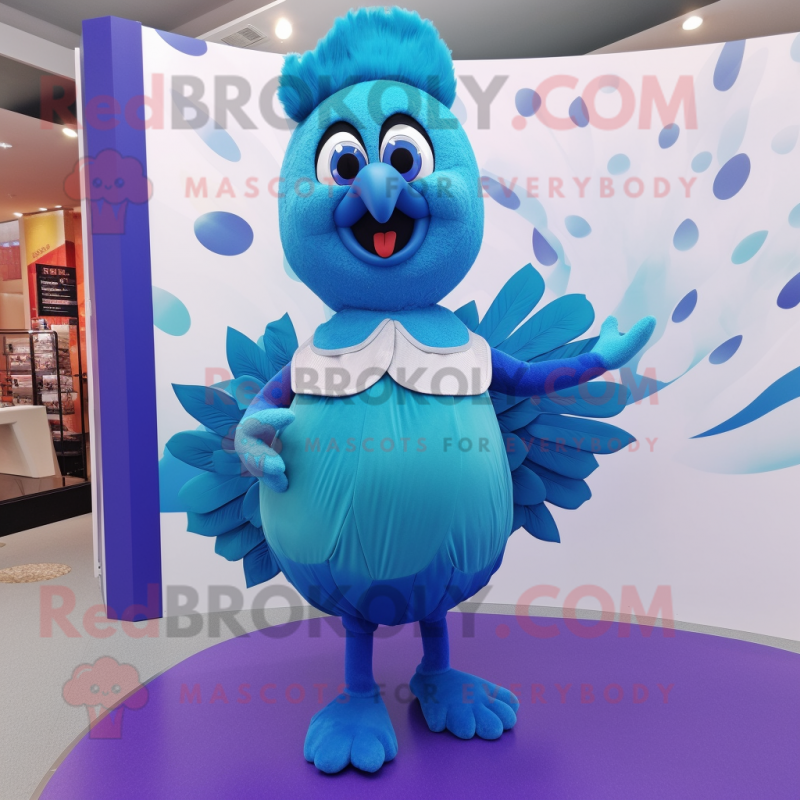 Sky Blue Peacock mascot costume character dressed with a Vest and Foot pads