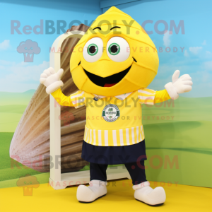 Yellow Oyster mascot costume character dressed with a Rugby Shirt and Ties