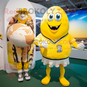 Yellow Oyster mascot costume character dressed with a Rugby Shirt and Ties