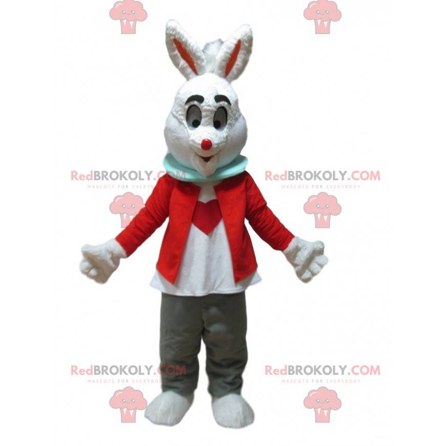 Rabbit mascot with a heart on its stomach, rodent costume -