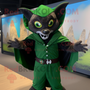 Forest Green Bat mascot costume character dressed with a Hoodie and Belts