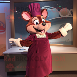 Maroon Ratatouille mascot costume character dressed with a Evening Gown and Mittens