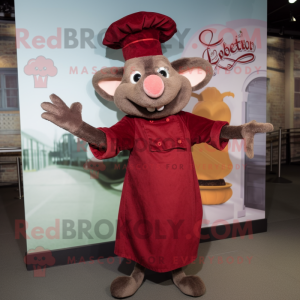 Maroon Ratatouille mascot costume character dressed with a Evening Gown and Mittens