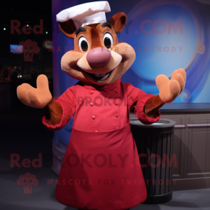 Maroon Ratatouille mascot costume character dressed with a Evening Gown and Mittens