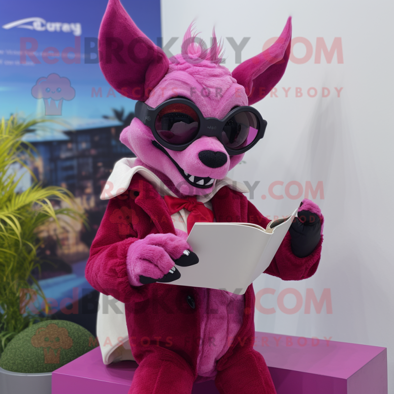 Magenta Chupacabra mascot costume character dressed with a Waistcoat and Reading glasses