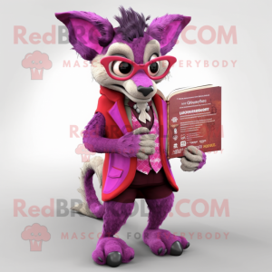 Magenta Chupacabra mascot costume character dressed with a Waistcoat and Reading glasses