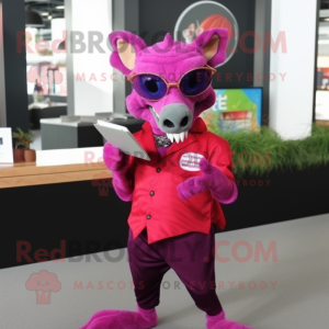 Magenta Chupacabra mascot costume character dressed with a Waistcoat and Reading glasses