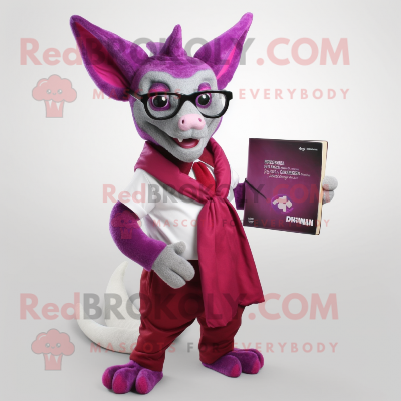 Magenta Chupacabra mascot costume character dressed with a Waistcoat and Reading glasses Magenta Chupacabra mascot costume character dressed with a Waistcoat and Reading glasses