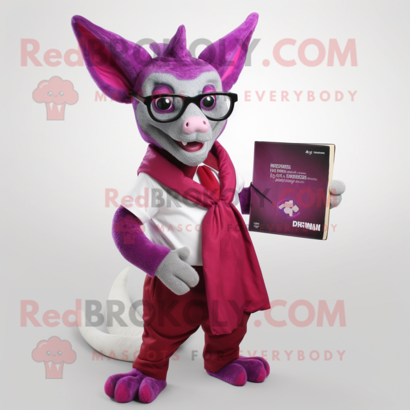 Magenta Chupacabra mascot costume character dressed with a Waistcoat and Reading glasses