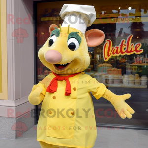 Yellow Ratatouille mascot costume character dressed with a V-Neck Tee and Shoe laces