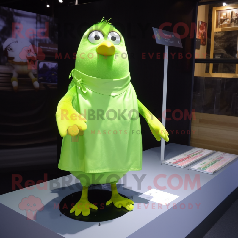 Lime Green Quail mascot costume character dressed with a Poplin Shirt and Shawl pins