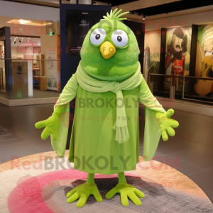 Lime Green Quail mascot costume character dressed with a Poplin Shirt and Shawl pins