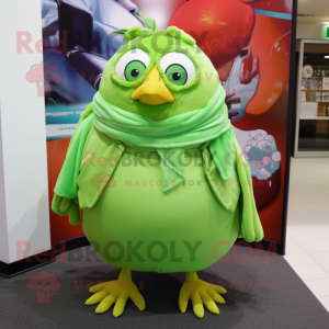Lime Green Quail mascot costume character dressed with a Poplin Shirt and Shawl pins