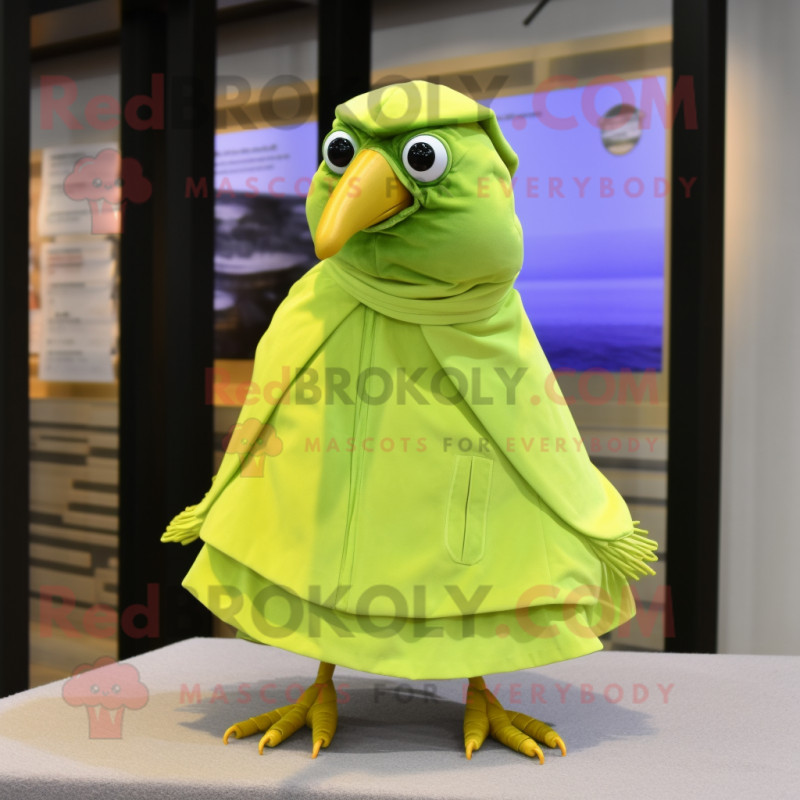 Lime Green Quail mascot costume character dressed with a Poplin Shirt and Shawl pins