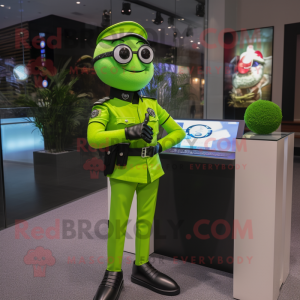 Lime Green Police Officer mascot costume character dressed with a Dress Shirt and Smartwatches