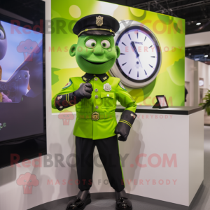 Lime Green Police Officer mascot costume character dressed with a Dress Shirt and Smartwatches