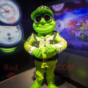 Lime Green Police Officer mascot costume character dressed with a Dress Shirt and Smartwatches