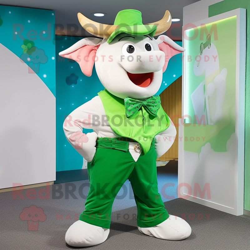 Green Beef Stroganoff mascot costume character dressed with a Bermuda Shorts and Bow ties Green Beef Stroganoff mascot costume character dressed with a Bermuda Shorts and Bow ties