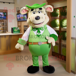 Green Beef Stroganoff mascot costume character dressed with a Bermuda Shorts and Bow ties