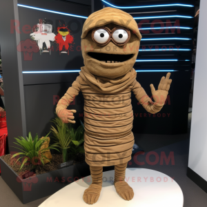 Brown Mummy mascot costume character dressed with a Board Shorts and Caps