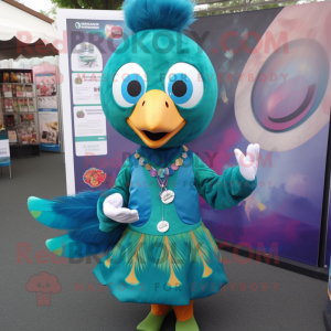 Teal Peacock mascot costume character dressed with a Blouse and Foot pads
