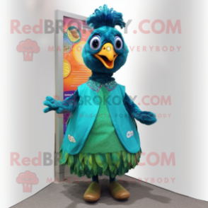 Teal Peacock mascot costume character dressed with a Blouse and Foot pads