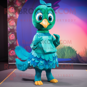 Teal Peacock mascot costume character dressed with a Blouse and Foot pads