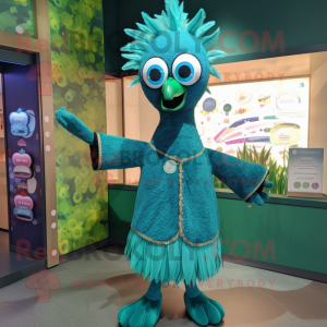 Teal Peacock mascot costume character dressed with a Blouse and Foot pads