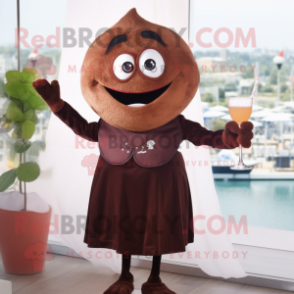 Brown Moussaka mascot costume character dressed with a Cocktail Dress and Gloves