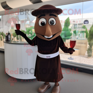 Brown Moussaka mascot costume character dressed with a Cocktail Dress and Gloves
