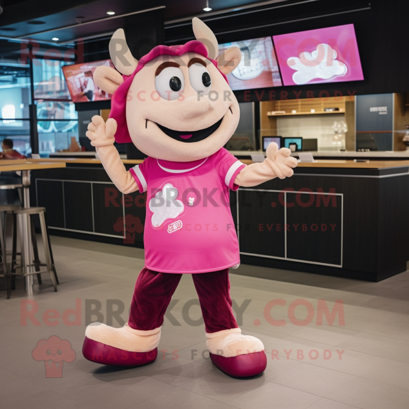 Pink Beef Stroganoff mascot costume character dressed with a Graphic Tee and Headbands Pink Beef Stroganoff mascot costume character dressed with a Graphic Tee and Headbands