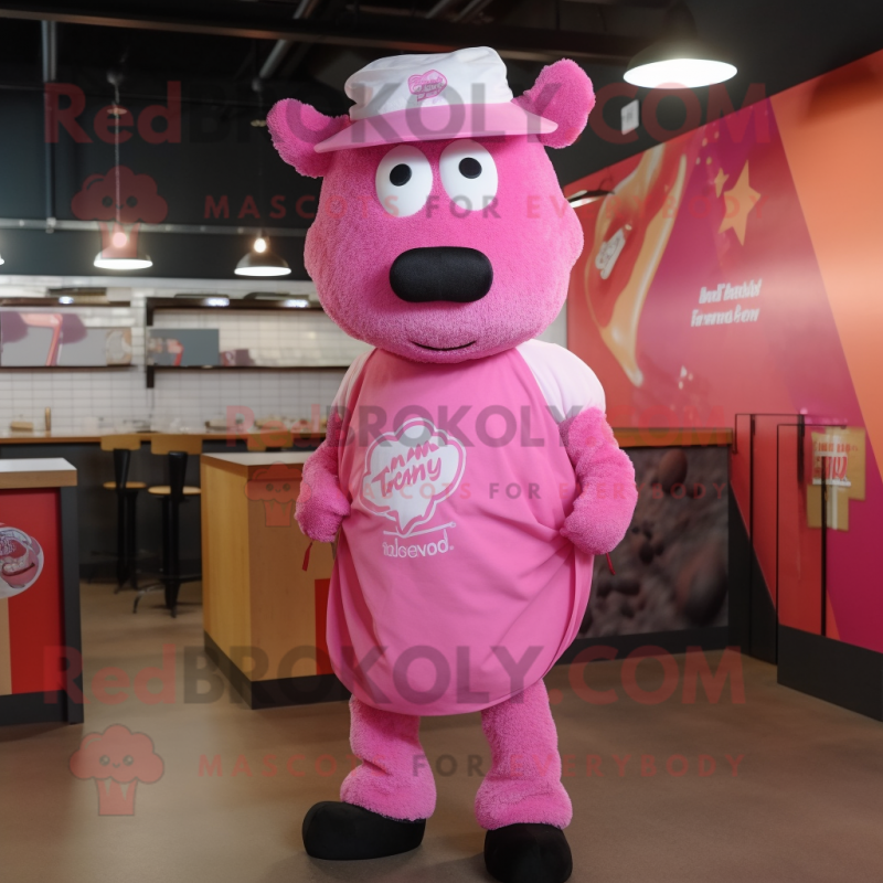Pink Beef Stroganoff mascot costume character dressed with a Graphic Tee and Headbands Pink Beef Stroganoff mascot costume character dressed with a Graphic Tee and Headbands