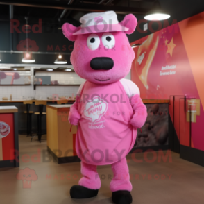 Pink Beef Stroganoff mascot costume character dressed with a Graphic Tee and Headbands