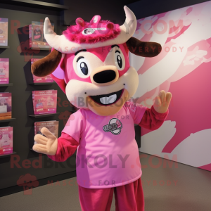 Pink Beef Stroganoff mascot costume character dressed with a Graphic Tee and Headbands