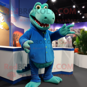 Blue Crocodile mascot costume character dressed with a Turtleneck and Earrings
