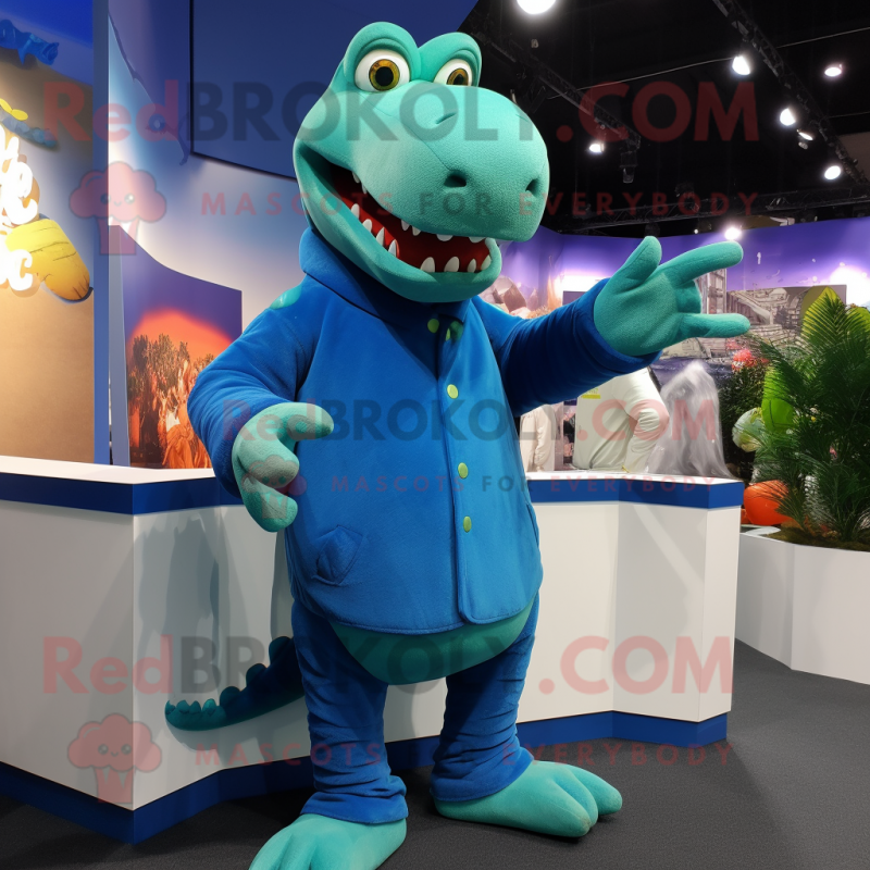 Blue Crocodile mascot costume character dressed with a Turtleneck and Earrings Blue Crocodile mascot costume character dressed with a Turtleneck and Earrings
