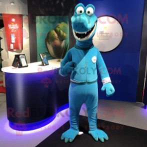 Blue Crocodile mascot costume character dressed with a Turtleneck and Earrings