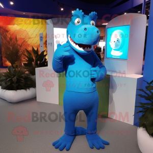 Blue Crocodile mascot costume character dressed with a Turtleneck and Earrings