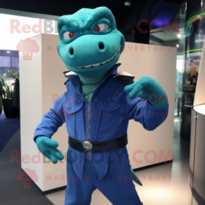 Blue Crocodile mascot costume character dressed with a Turtleneck and Earrings